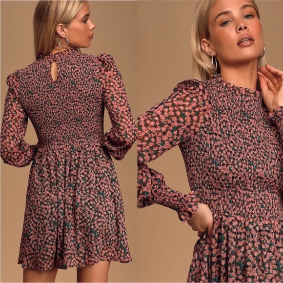 Green and Pink Floral Smocked Longsleeve Babydoll Dress 🌿 - Picture 4 of 12